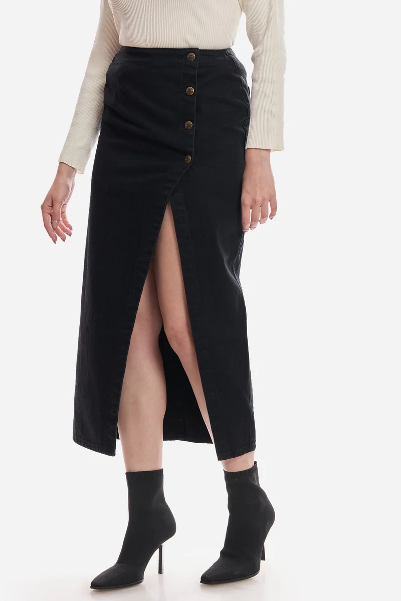 Virgio Solid Cotton Denim Wrap Midi Skirt for Women