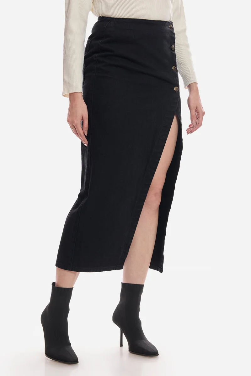 Virgio  Solid Cotton Denim Wrap Midi Skirt for Women for Women | Best Price UAE