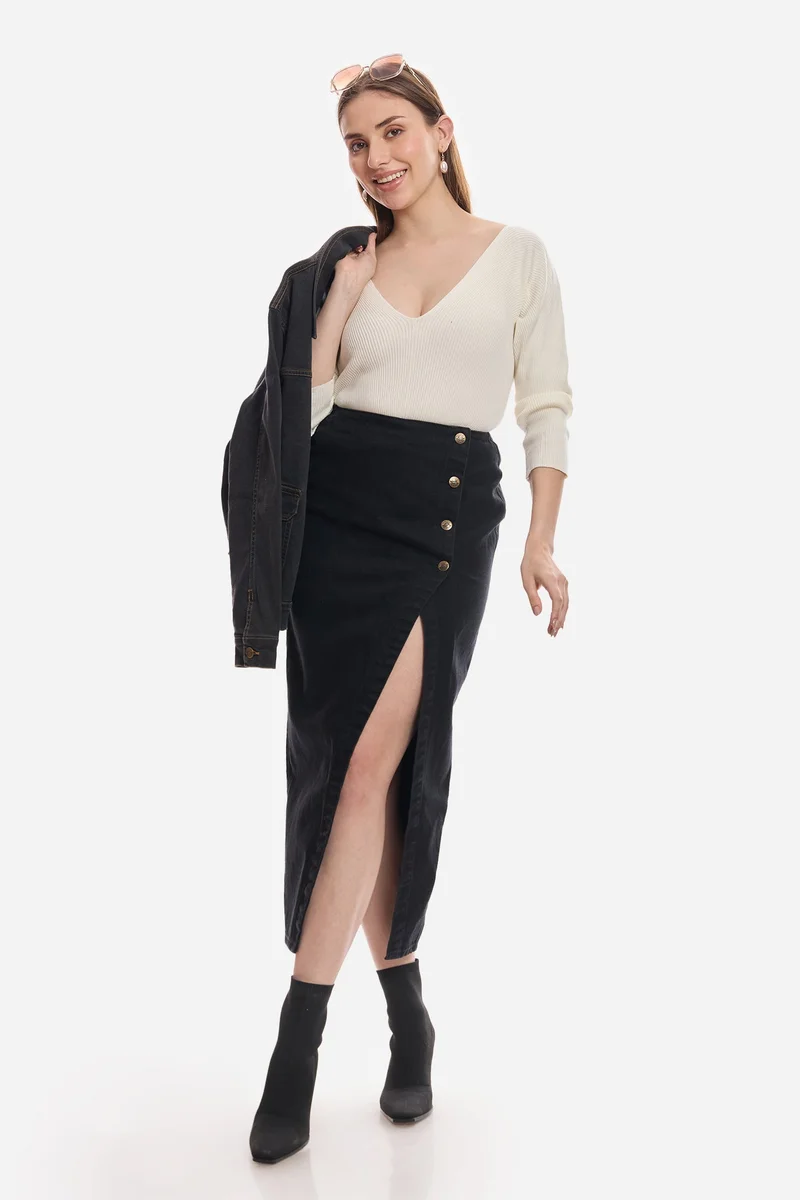 Virgio Solid Cotton Denim Wrap Midi Skirt for Women