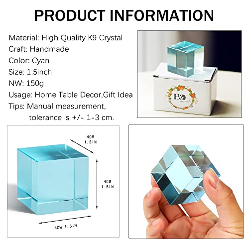 QFkris K9 Crystal Optical Glass Prism Cube Paperweight Ornament Art Glass Figurine Table Home Collectible Decor Photography Accessory (1.5inch,Cyan) - Image 2