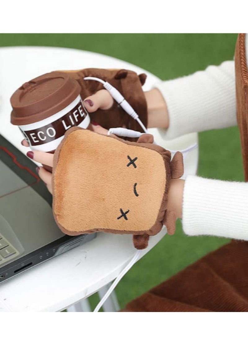 Excefore USB Winter Hand Warmers, USB Hand Warmers Cute, USB Heating Gloves Half Wearable Fingerless, USB Powered Heating Gloves for Gift TO Women and Children, Winter Fashion (Bread Man, Brown) - Image 4
