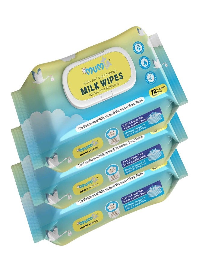 MUMta Milk baby wipes | With 99% Pure Water, Milk and Probiotics- 216 wipes| Plant Based Fabric for Sensitive Skin| Prevents irritation & rashes.(72 Each, Pack of 3) - Image 1