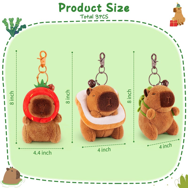 Achwishap 3Pcs Capybara Plush Keychain Cute Keychain Capybara Stuffed Animal Soft Capybara Plush Toys Key Chain Kawaii Plushie Stuffed Toys For Kids Adults(Turtle Strawberry Hat Bread) - Image 2