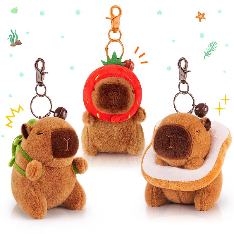 Achwishap 3Pcs Capybara Plush Keychain Cute Keychain Capybara Stuffed Animal Soft Capybara Plush Toys Key Chain Kawaii Plushie Stuffed Toys For Kids Adults(Turtle Strawberry Hat Bread) - Image 1