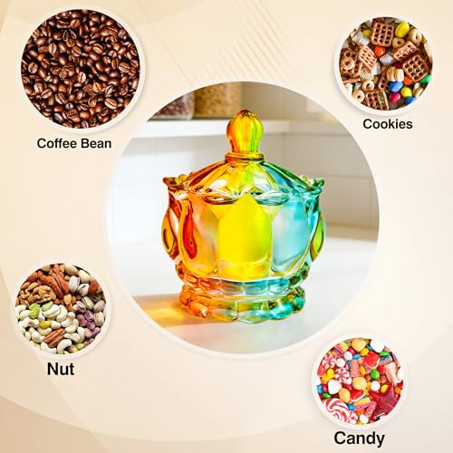 QIANCHANG Colorful Glass Candy Dish with Lid, Candy Holder Containers, Cookies & Apothecary Jar, Decorative Jars for Home Office Desk - Image 4