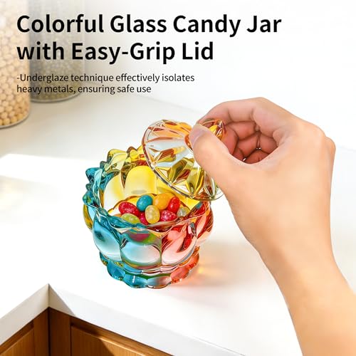 QIANCHANG Colorful Glass Candy Dish with Lid, Candy Holder Containers, Cookies & Apothecary Jar, Decorative Jars for Home Office Desk - Image 2