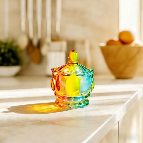 QIANCHANG Colorful Glass Candy Dish with Lid, Candy Holder Containers, Cookies & Apothecary Jar, Decorative Jars for Home Office Desk - Image 5