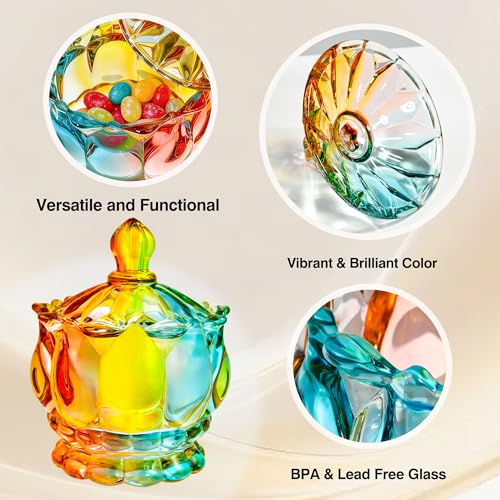 QIANCHANG Colorful Glass Candy Dish with Lid, Candy Holder Containers, Cookies & Apothecary Jar, Decorative Jars for Home Office Desk - Image 3