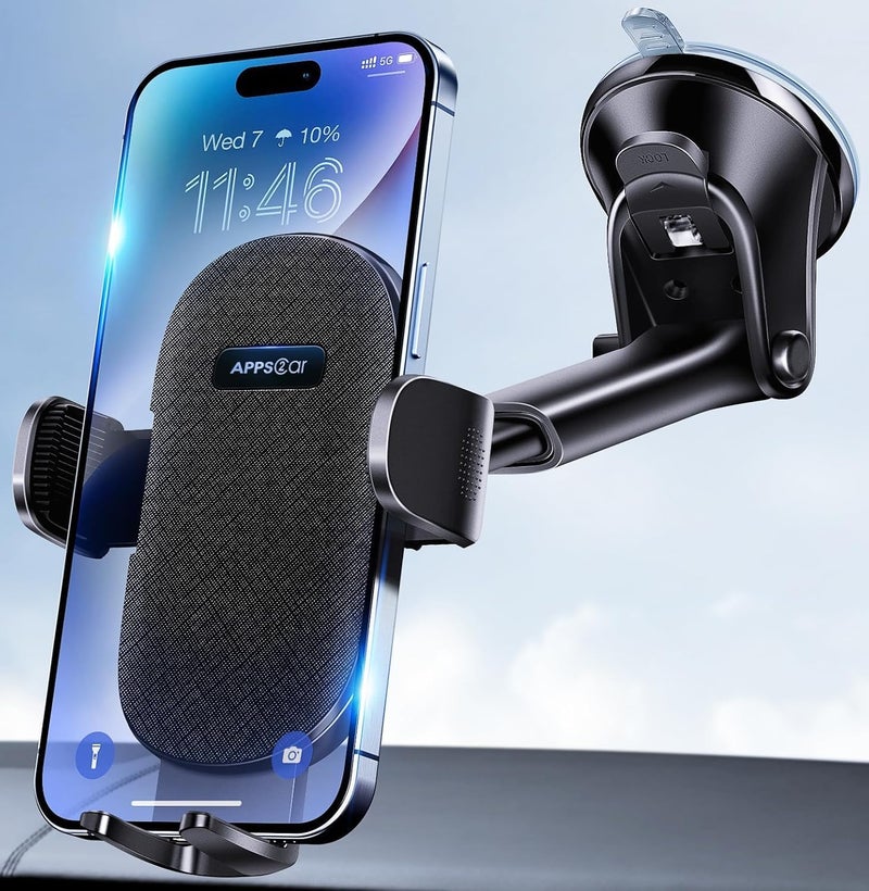 APPS2Car حامل هاتف للسيارة مثبت على لوحة القيادة/الزجاج الأمامي حامل هاتف محمول للسيارة قابل للدوران 360 درجة مع كوب شفط متوافق مع سلسلة iPhone 15/14/13 وجميع هواتف Android - Image 1
