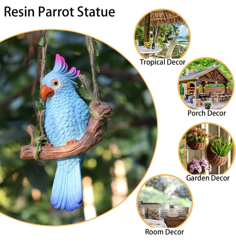 XKFLAUHM Hanging Parrot Garden Decor Tiki Bar Decorations Tropical Outdoor Hanging Bird Statue for Tree Plant Patio Lawn Yard Porch Balconies Decor(Blue) - Image 3