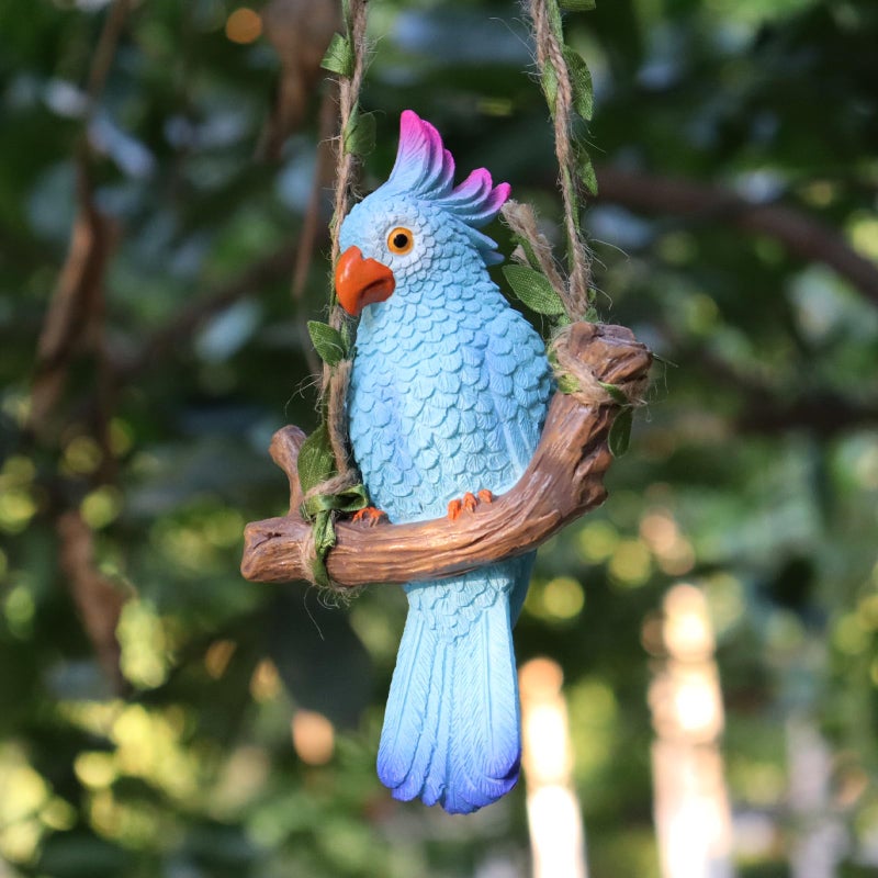 XKFLAUHM Hanging Parrot Garden Decor Tiki Bar Decorations Tropical Outdoor Hanging Bird Statue for Tree Plant Patio Lawn Yard Porch Balconies Decor(Blue) - Image 1