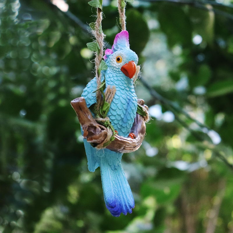 XKFLAUHM Hanging Parrot Garden Decor Tiki Bar Decorations Tropical Outdoor Hanging Bird Statue for Tree Plant Patio Lawn Yard Porch Balconies Decor(Blue) - Image 5