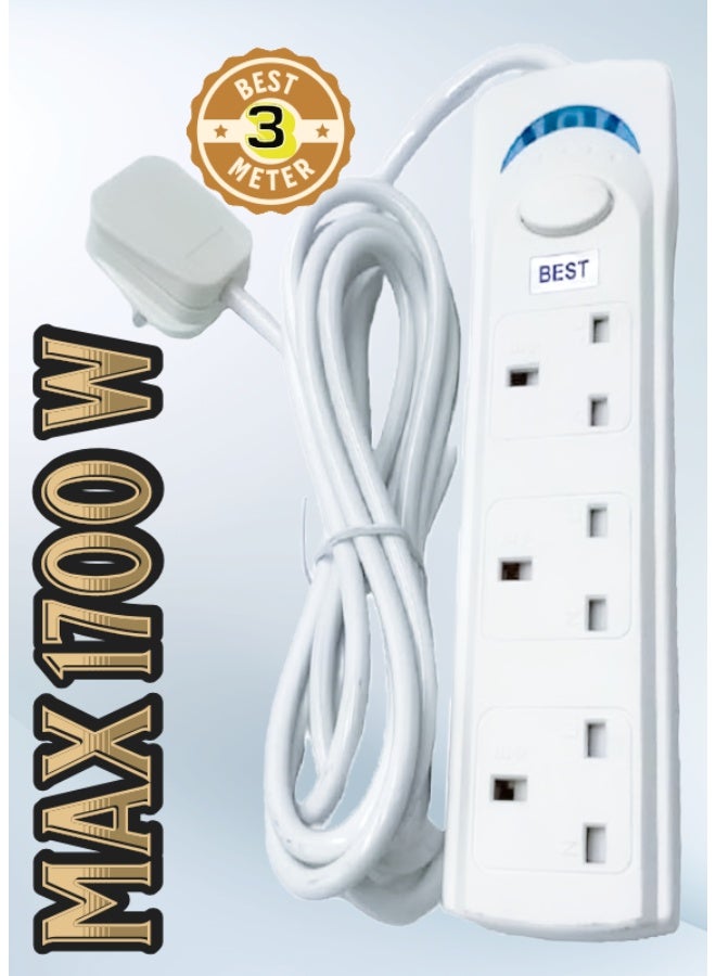 Best Power Strips Extension Cord | 3 Sockets Universal Plug Adapter with 3Meter Bold Extension Cable | Power Socket | Extension Board | Extension Cable | Extension Socket (White) - Image 1