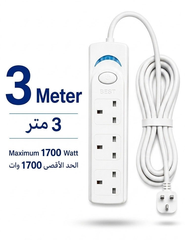 Best Power Strips Extension Cord | 3 Sockets Universal Plug Adapter with 3Meter Bold Extension Cable | Power Socket | Extension Board | Extension Cable | Extension Socket (White) - Image 1