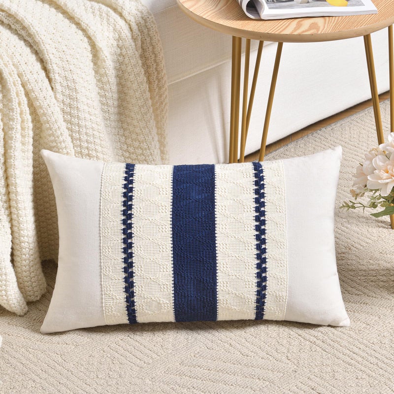 غطاء وسادة مزخرف فاخرة هومي مجموعة من 1 لون أزرق داكن مقاس 12x20 بوصة للكنبة السرير الأريكة غرفة المعيشة من قطن ناعم مختلط منسوج بتصميم محكم