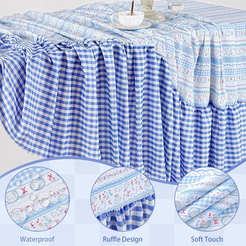 SoarDream Blue Bunny Easter Tablecloth - Easter Ruffle Waterproof Table Cloth 80 x 120 Inch Spring Flower Rabbit Eggs Rectangle Table Covers for Holiday Picnic Baby Shower Birthday Wedding Party Decoration - Image 3