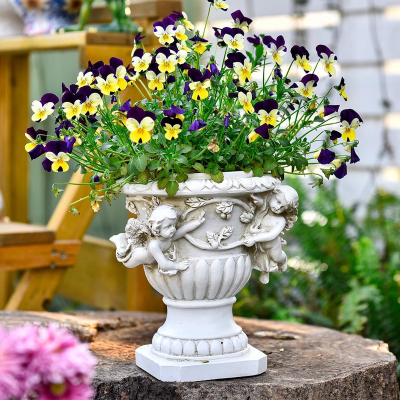 Sungmor Garden Cherub Urn Planter, Lovely Resin Angel Statue Flower Pots, Vintage European Style Planter, Rustic White Whimsy Fairy Decorative Plant Pot, Beautiful Pot for Indoor Outdoor Flowers - Image 2