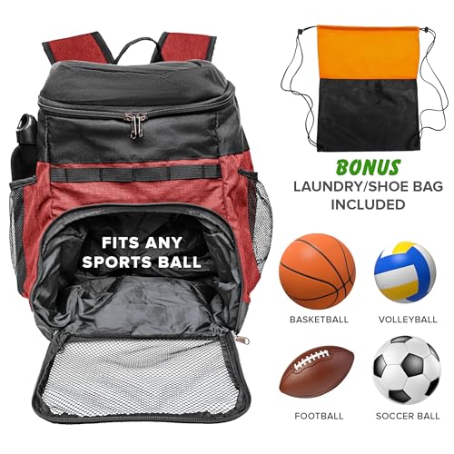 Xelfly Basketball Backpack with Ball Compartment – Sports Equipment Bag for Soccer Ball, Volleyball, Gym, Outdoor, Travel, Team – 2 Bottle Pockets, Includes Laundry or Shoe Bag – 25L (Red) - Image 3