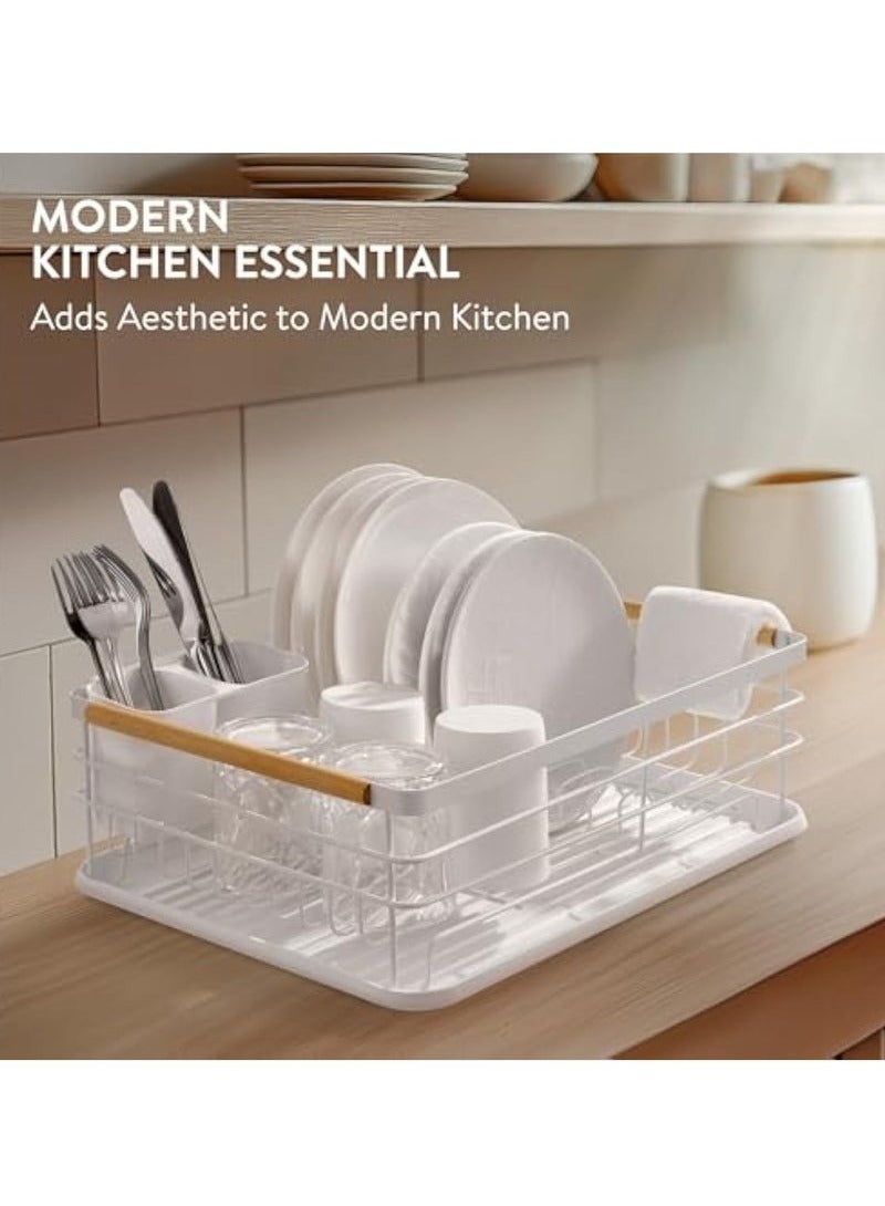 Arabest Dish Drainer Rack - Plate, Silverware, Pots and Pans - Dish Rack with Beechwood Handles - Metal Dish Drying Rack for Kitchen Counter - Modern Retro Design Dish Rack - White  - Image 2
