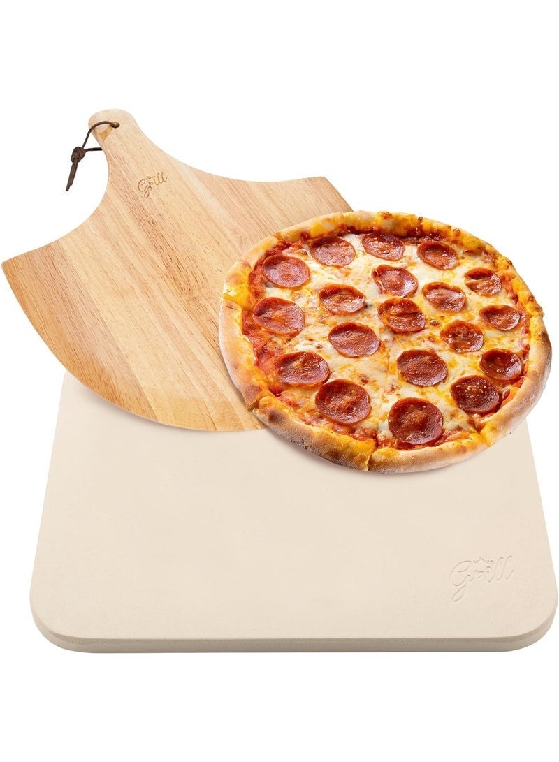Arabest Pizza Stone Set, Heavy Duty Round Cordierite Baking Stone For Pizza, Cooking Stone With Bamboo Pizza Peel Paddle For Oven And Grill, 15"X12" - Image 1