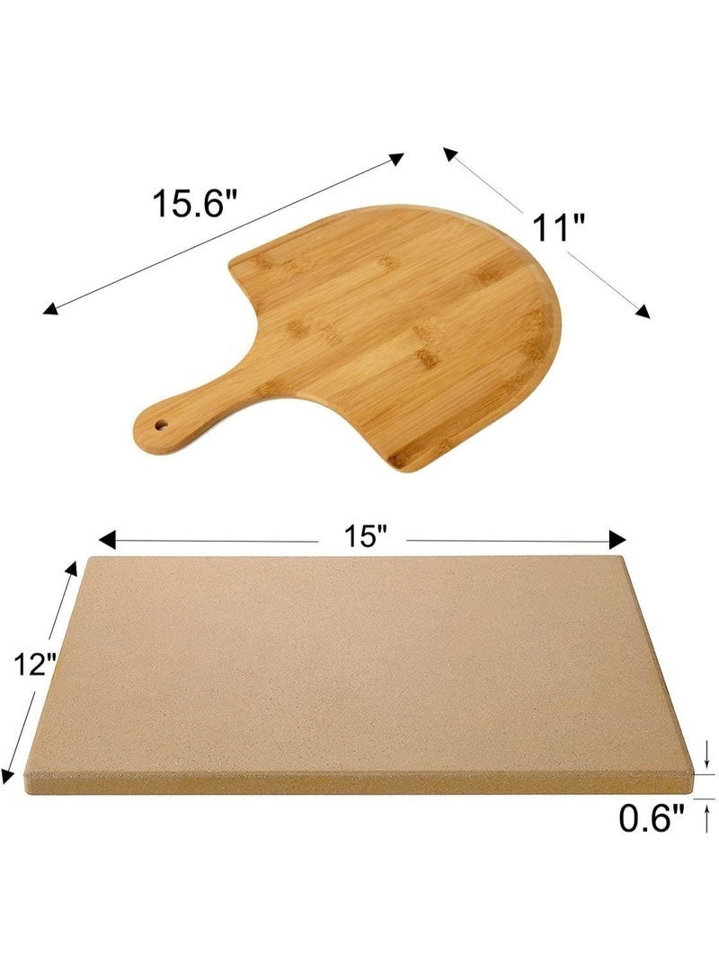 Arabest Pizza Stone Set, Heavy Duty Round Cordierite Baking Stone For Pizza, Cooking Stone With Bamboo Pizza Peel Paddle For Oven And Grill, 15"X12" - Image 2