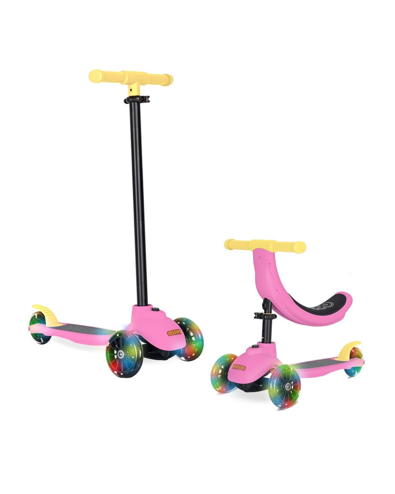 KRIDDO 5-in-1 Kids Kick Scooter, Lean-to-Steer, Toddler Toy Scooter with Adjustable Height, 3 Lighted Wheels, Ideal for Indoor & Outdoor, Gift for Kids Ages 1-5 Years, Pink - Image 1