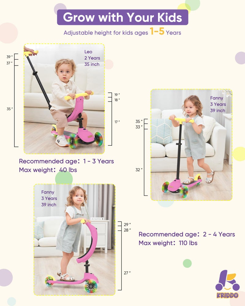 KRIDDO 5-in-1 Kids Kick Scooter, Lean-to-Steer, Toddler Toy Scooter with Adjustable Height, 3 Lighted Wheels, Ideal for Indoor & Outdoor, Gift for Kids Ages 1-5 Years, Pink - Image 3