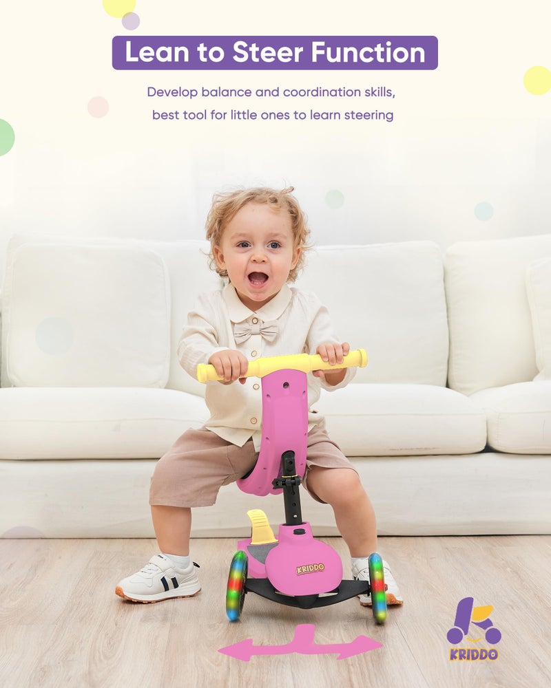 KRIDDO 5-in-1 Kids Kick Scooter, Lean-to-Steer, Toddler Toy Scooter with Adjustable Height, 3 Lighted Wheels, Ideal for Indoor & Outdoor, Gift for Kids Ages 1-5 Years, Pink - Image 4