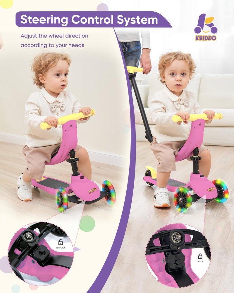 KRIDDO 5-in-1 Kids Kick Scooter, Lean-to-Steer, Toddler Toy Scooter with Adjustable Height, 3 Lighted Wheels, Ideal for Indoor & Outdoor, Gift for Kids Ages 1-5 Years, Pink - Image 5