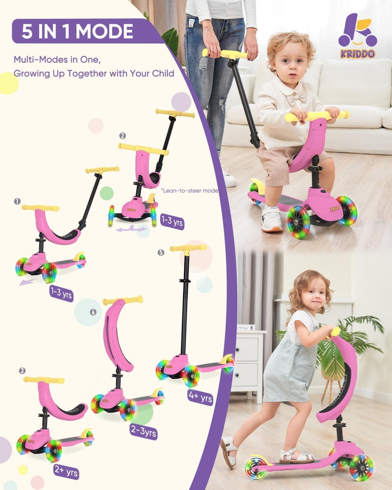KRIDDO 5-in-1 Kids Kick Scooter, Lean-to-Steer, Toddler Toy Scooter with Adjustable Height, 3 Lighted Wheels, Ideal for Indoor & Outdoor, Gift for Kids Ages 1-5 Years, Pink - Image 2