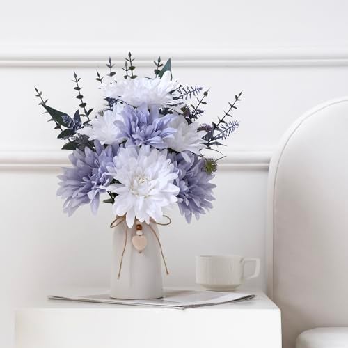 hopeme 16" Artificial Flowers with Eucalyptus Stems and Greenery, Faux Dahlia Flower Arrangement in White Ceramic Vase with Heart Charm Décor, Rustic Farmhouse Table Centerpiece for Home, Kitchen & Office - Image 4