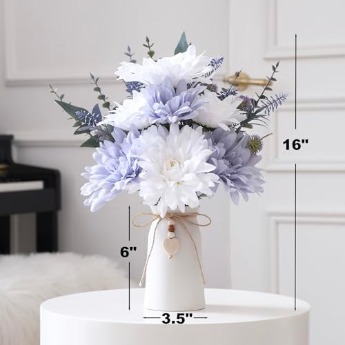 hopeme 16" Artificial Flowers with Eucalyptus Stems and Greenery, Faux Dahlia Flower Arrangement in White Ceramic Vase with Heart Charm Décor, Rustic Farmhouse Table Centerpiece for Home, Kitchen & Office - Image 2