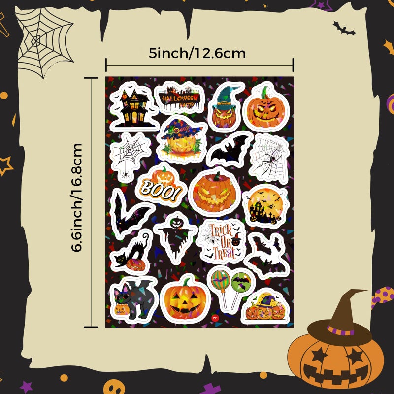 Jsdoin Halloween Stickers for Children, Vinyl Waterproof Kids Party Bag Fillers, Laser Flash Self Adhesive Stickers Trick or Treat for Halloween Party(8 Sheets) - Image 2