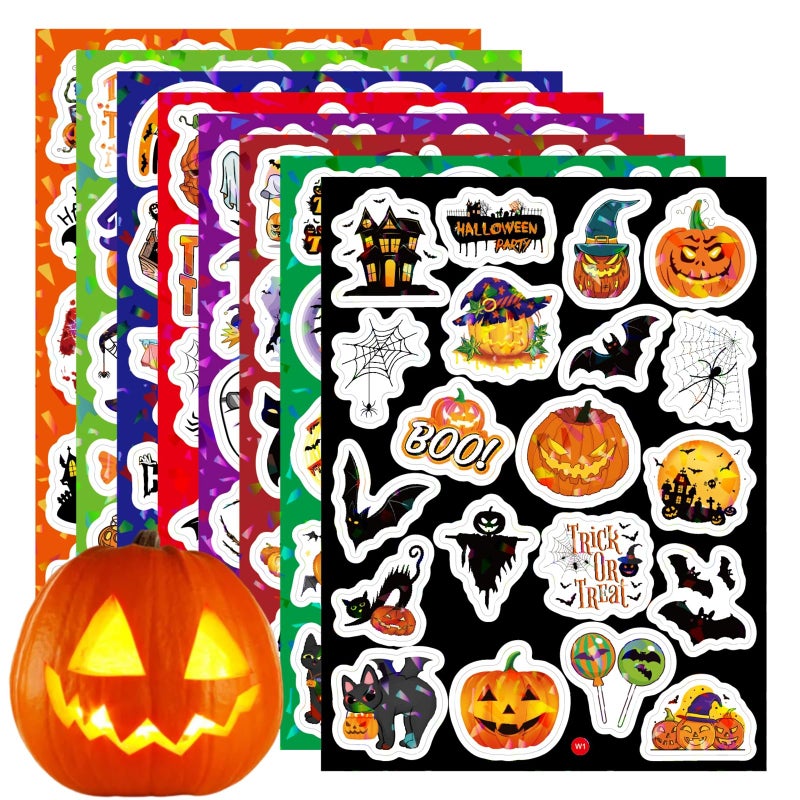 Jsdoin Halloween Stickers for Children, Vinyl Waterproof Kids Party Bag Fillers, Laser Flash Self Adhesive Stickers Trick or Treat for Halloween Party(8 Sheets) - Image 1