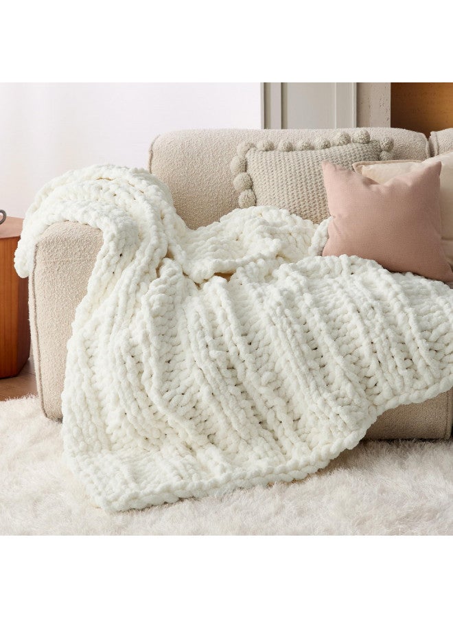Bedsure Bedsure Chunky Knit Blanket Throw - 100% Hand Knit Chenille Chunky Throw Blanket for Couch, Thick and Warm Blanket for Winter, Cream White, 50x60 Inches  - Image 1