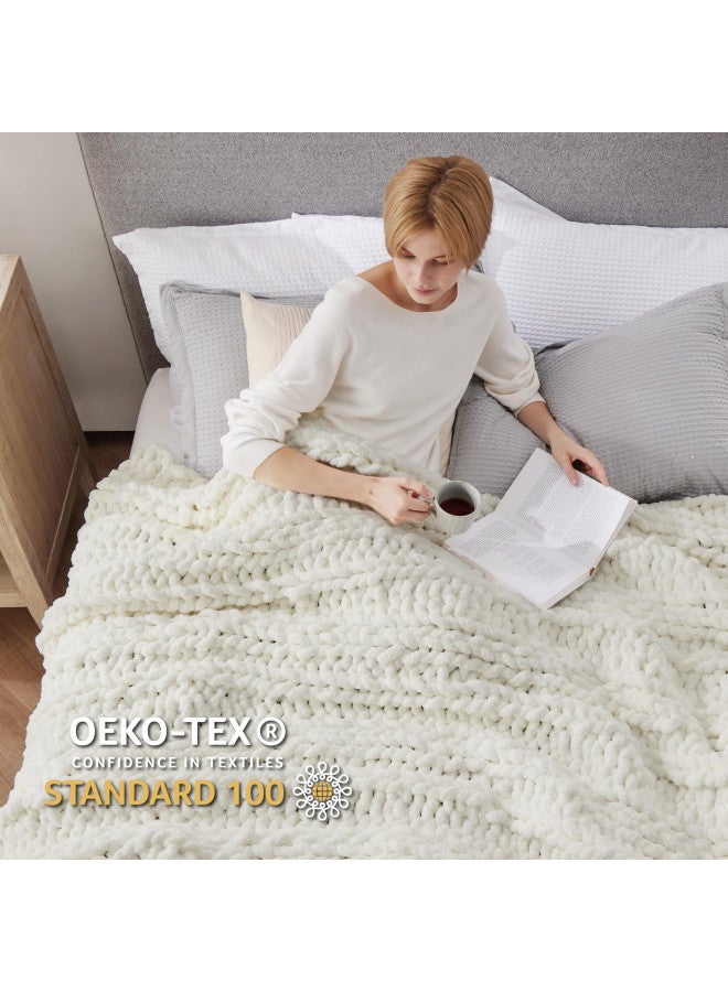 Bedsure Bedsure Chunky Knit Blanket Throw - 100% Hand Knit Chenille Chunky Throw Blanket for Couch, Thick and Warm Blanket for Winter, Cream White, 50x60 Inches  - Image 4