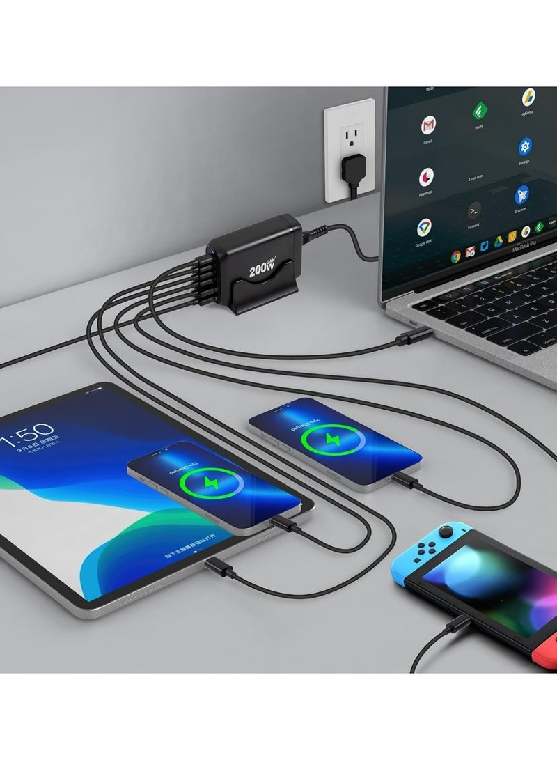 شاحن USB-C بقوة 200 واط بتقنية GaN، محطة شحن سريع بـ 6 منافذ USB، شاحن مكتبي بتقنية GaN III مزود بتقنيات PD وQC، متوافق مع أجهزة متعددة مثل ماك بوك، ديل، أجهزة الآيباد والتابلت، آيفون، سامسونغ جالاكسي، باللون الأسود - Image 3
