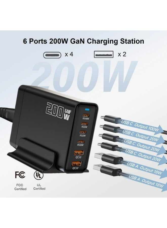 شاحن USB-C بقوة 200 واط بتقنية GaN، محطة شحن سريع بـ 6 منافذ USB، شاحن مكتبي بتقنية GaN III مزود بتقنيات PD وQC، متوافق مع أجهزة متعددة مثل ماك بوك، ديل، أجهزة الآيباد والتابلت، آيفون، سامسونغ جالاكسي، باللون الأسود - Image 2