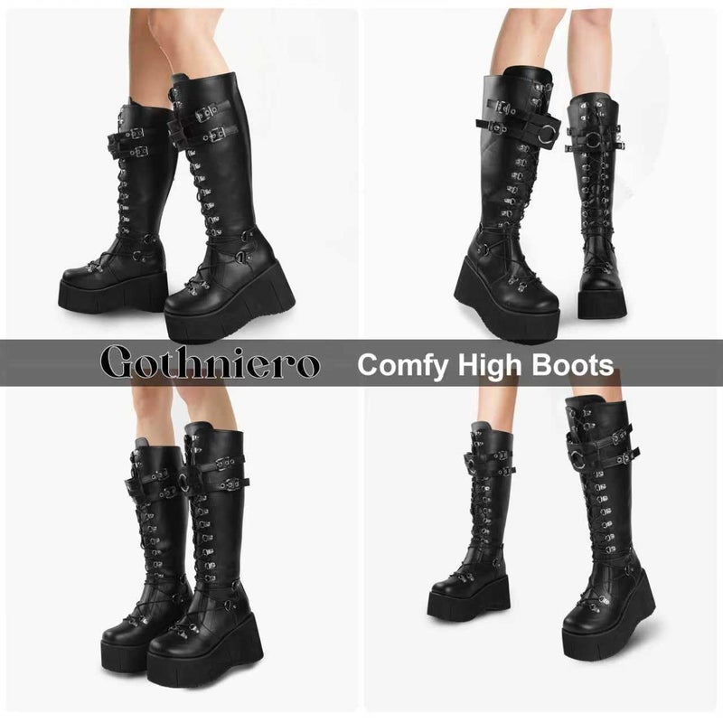 Gothniero Black Knee High Combat Platform Boots for Women Chunky Heeled Tall Booties Over-The-Knee Motorcycle Rave Cosplay Goth Shoes Lace-Up Size 5.5-11 - Image 4