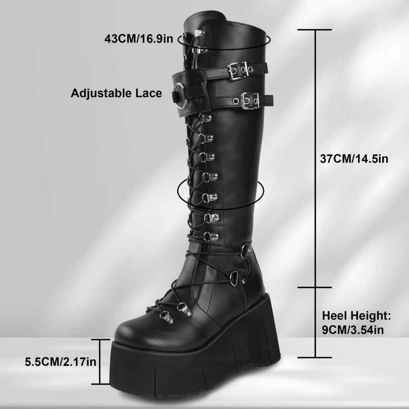 Gothniero Black Knee High Combat Platform Boots for Women Chunky Heeled Tall Booties Over-The-Knee Motorcycle Rave Cosplay Goth Shoes Lace-Up Size 5.5-11 - Image 3