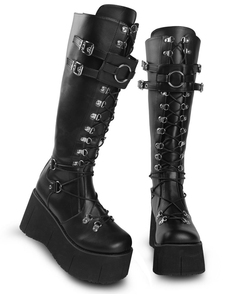Gothniero Black Knee High Combat Platform Boots for Women Chunky Heeled Tall Booties Over-The-Knee Motorcycle Rave Cosplay Goth Shoes Lace-Up Size 5.5-11 - Image 1