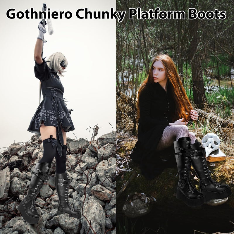 Gothniero Black Knee High Combat Platform Boots for Women Chunky Heeled Tall Booties Over-The-Knee Motorcycle Rave Cosplay Goth Shoes Lace-Up Size 5.5-11 - Image 5