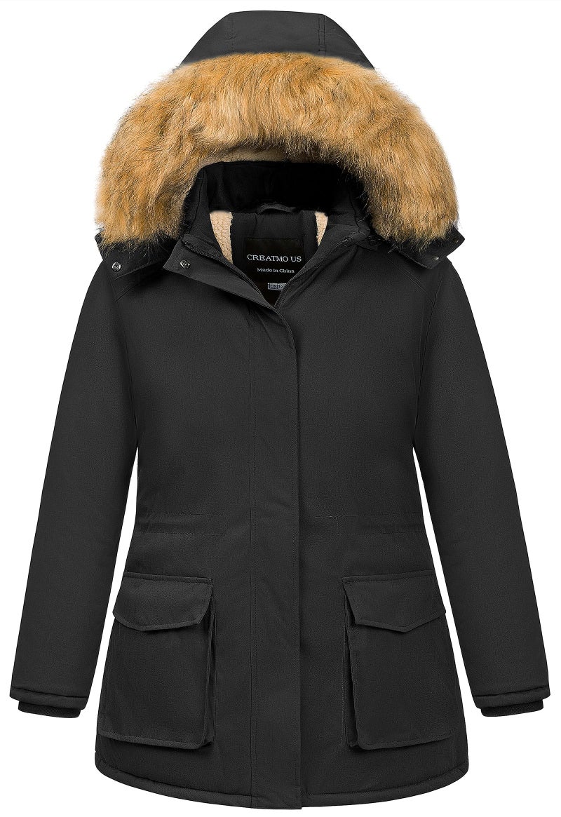 CREATMO US Womens Plus Size Winter Coats for Women Womens Waterproof Thicken Coat with Faux Fur Hood Black 4X
