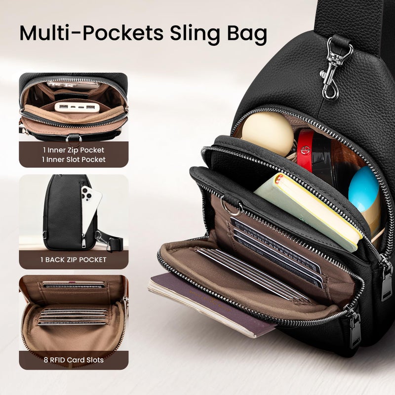 befen Black Genuine Leather Small Sling Bag for Women Anti-Theft Crossbody Chest Bags Multi-Pockets Fanny Pack with RFID Card Slots for Travel - Image 4