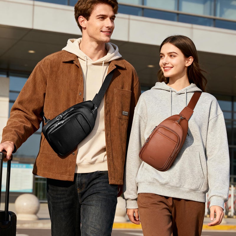 befen Black Genuine Leather Small Sling Bag for Women Anti-Theft Crossbody Chest Bags Multi-Pockets Fanny Pack with RFID Card Slots for Travel - Image 2