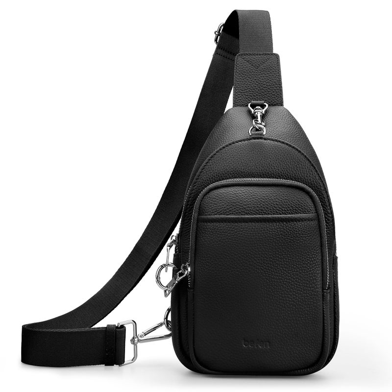 befen Black Genuine Leather Small Sling Bag for Women Anti-Theft Crossbody Chest Bags Multi-Pockets Fanny Pack with RFID Card Slots for Travel - Image 1