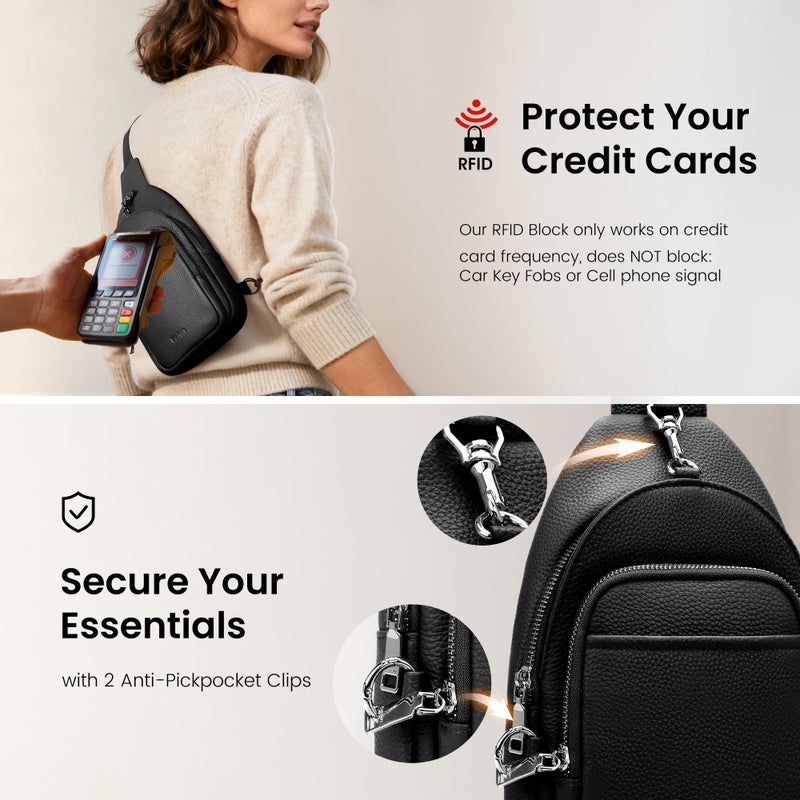 befen Black Genuine Leather Small Sling Bag for Women Anti-Theft Crossbody Chest Bags Multi-Pockets Fanny Pack with RFID Card Slots for Travel - Image 3