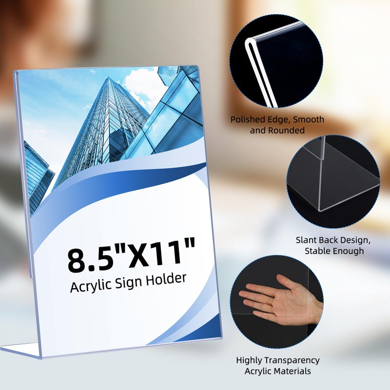 DECOHOBO 12 Pack Acrylic Sign Holder 8.5 x 11, Clear Plastic Display Stands for Tabletop, L-Shape Acrylic Stands for Flyers, Documents, Office, Restaurants, Vertical Sign Holder 8.5x11 for Desktop - Image 5