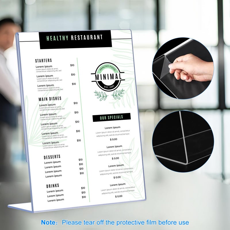 DECOHOBO 12 Pack Acrylic Sign Holder 8.5 x 11, Clear Plastic Display Stands for Tabletop, L-Shape Acrylic Stands for Flyers, Documents, Office, Restaurants, Vertical Sign Holder 8.5x11 for Desktop - Image 3