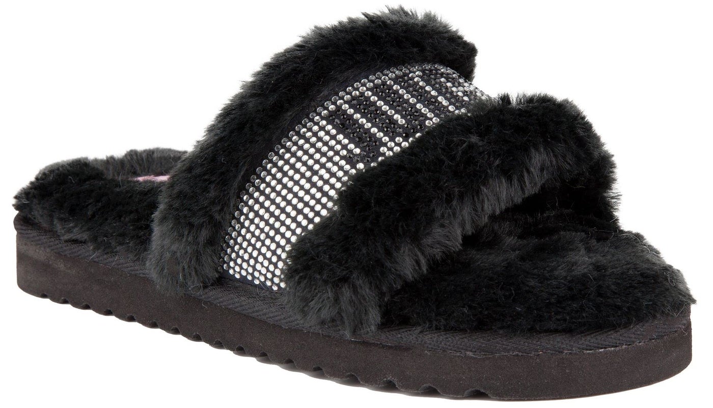 Juicy Couture Women's Luxe Faux Fur Slide Slippers with Embellished Strap, Cozy Indoor/Outdoor Fuzzy Slip-On Sandals, Halo - Black, Size 6